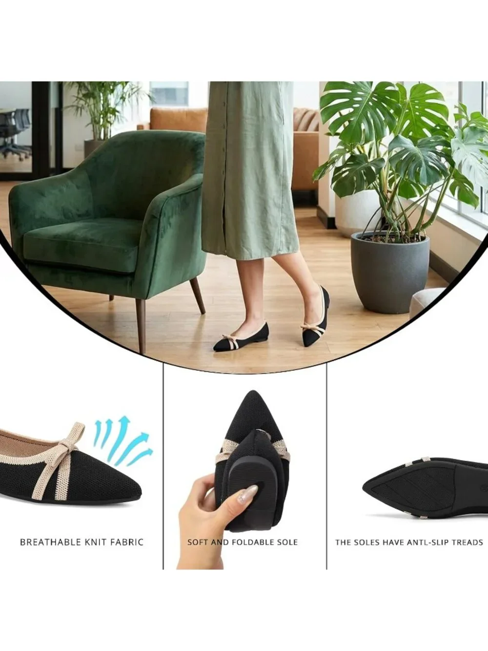 Women's Black And Beige Comfortable Pointed Toe Knit Foldable Ballet Flat Shoes